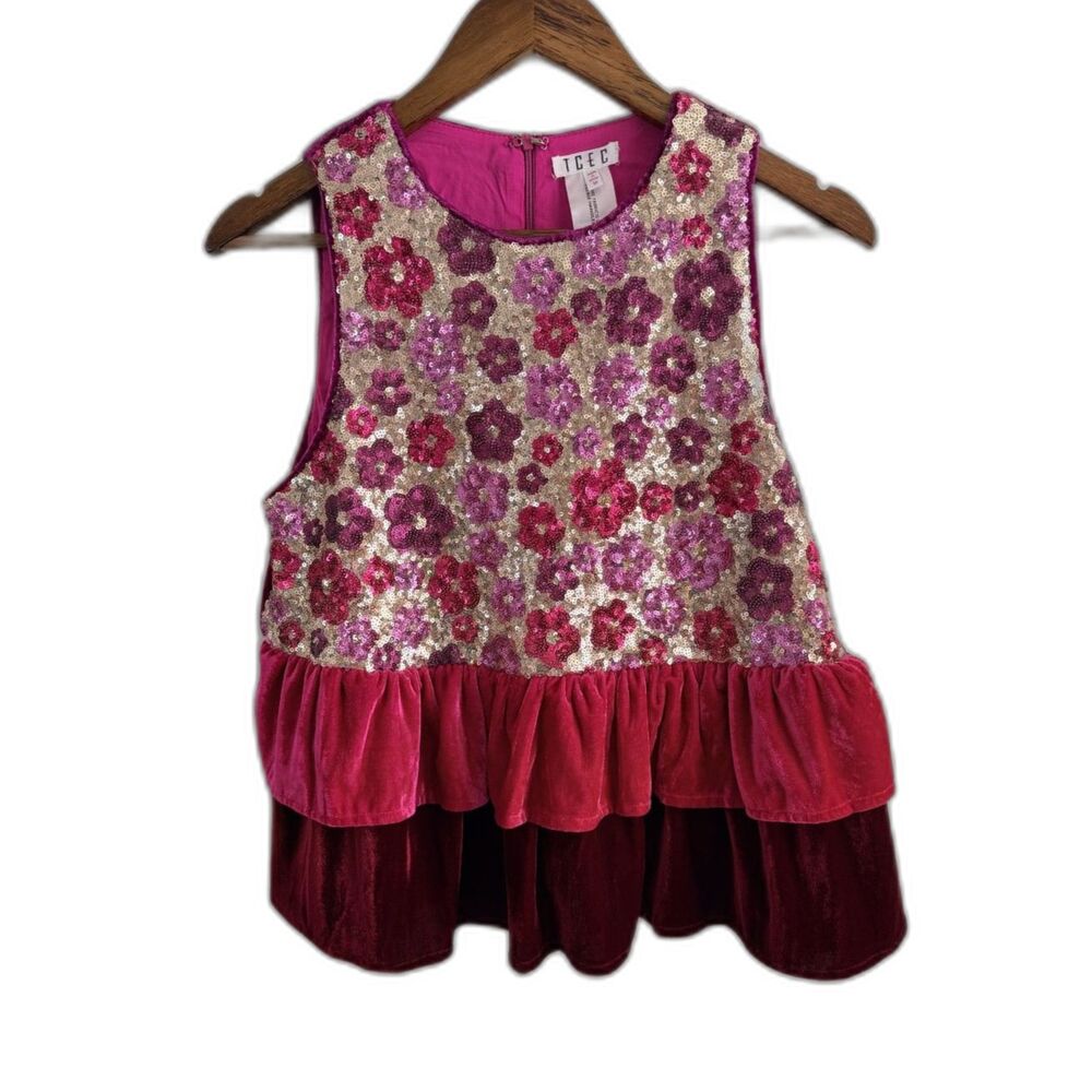 TCEC NWT Floral Sequin Velvet Peplum Top Medium Pink Gold Party Holiday